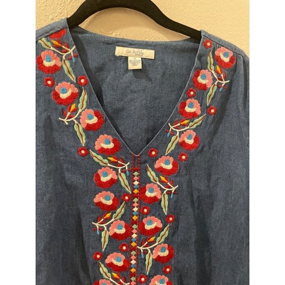 GO SOFTLY PATIO COTTON DENIM DRESS WOMENS LARGE FLORAL EMBROIDED SIZE S POCKETS - Picture 5 of 9